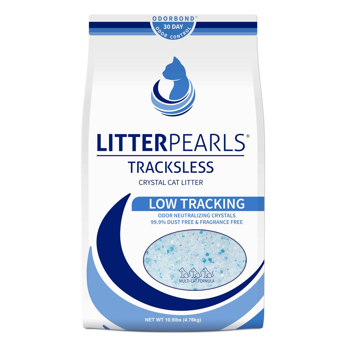 Litter Pearls Tracksless cristal para gatos en bolsa de 10.5 libras, fácil de almacenar.