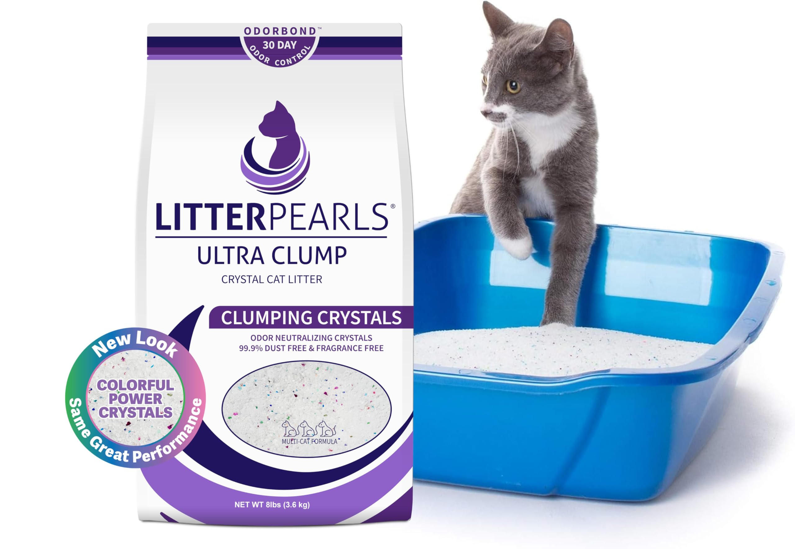 Litter Pearls Ultra Clump, etiqueta Odorbond resaltando control de olores.