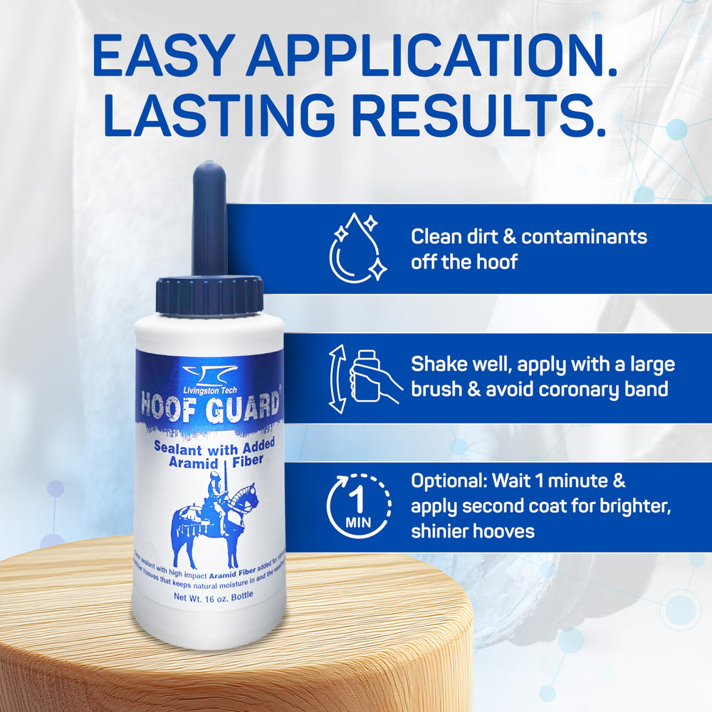 LivingstonTech Hoof Guard Sealant protege contra daños UV en cascos.
