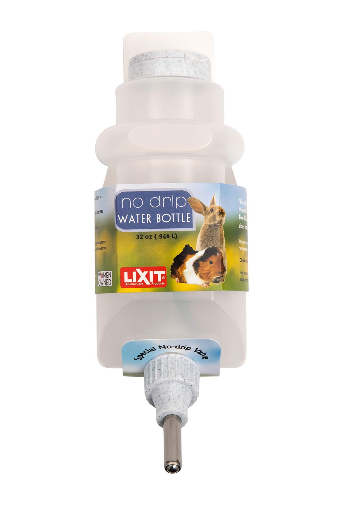Botella Lixit con llenado superior sin goteo para conejos; agua estable y fácil de rellenar.
