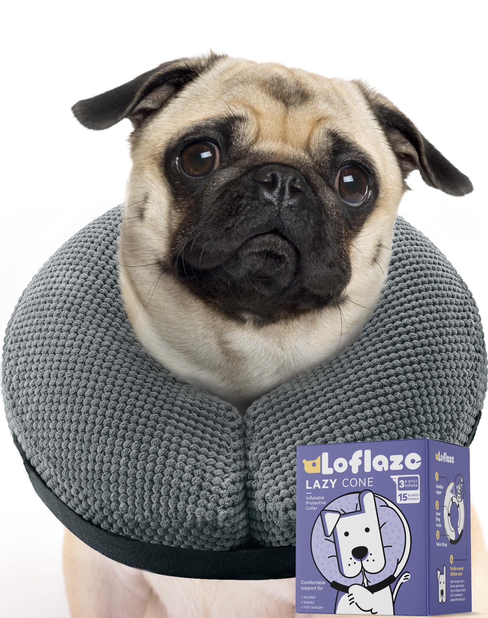Loflaze collar inflable suave donut para perro gris, libertad de movimiento.