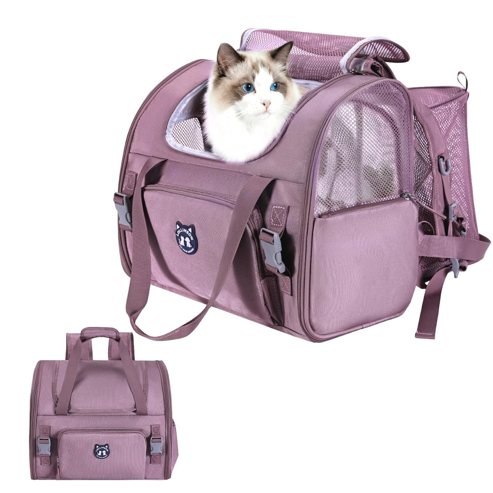 Mochila portadora LOLLIMEOW para gato grande, vista frontal, ideal para viajes.