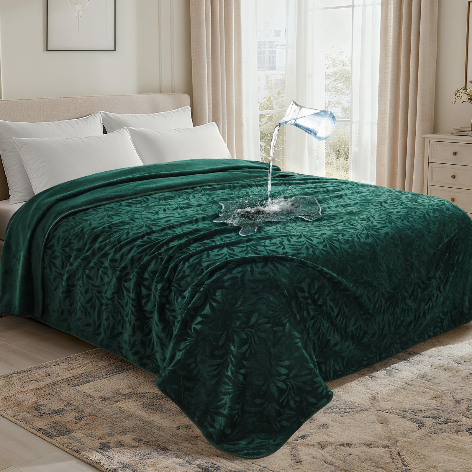 LOOBANI manta impermeable para cama con hojas jacquard, protege la superficie de derrames.