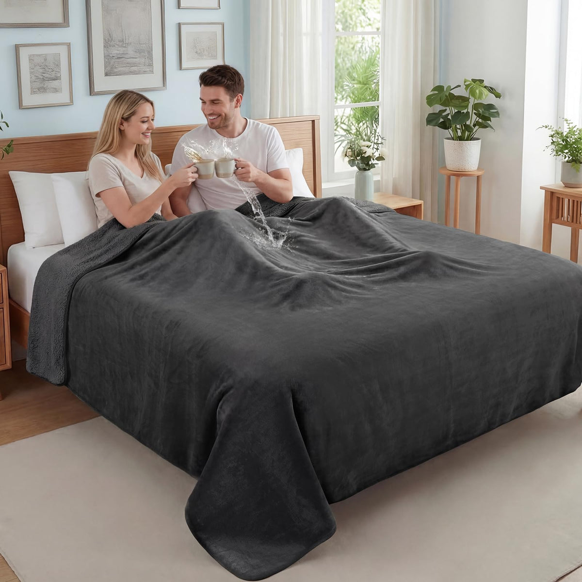 Manta LOOBANI impermeable, doble cara franel a y sherpa para cama