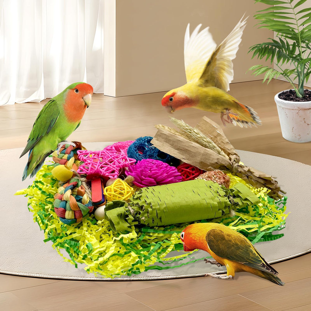Juguete LOPERDEVE con bolas naturales de Sola para aves curiosas.