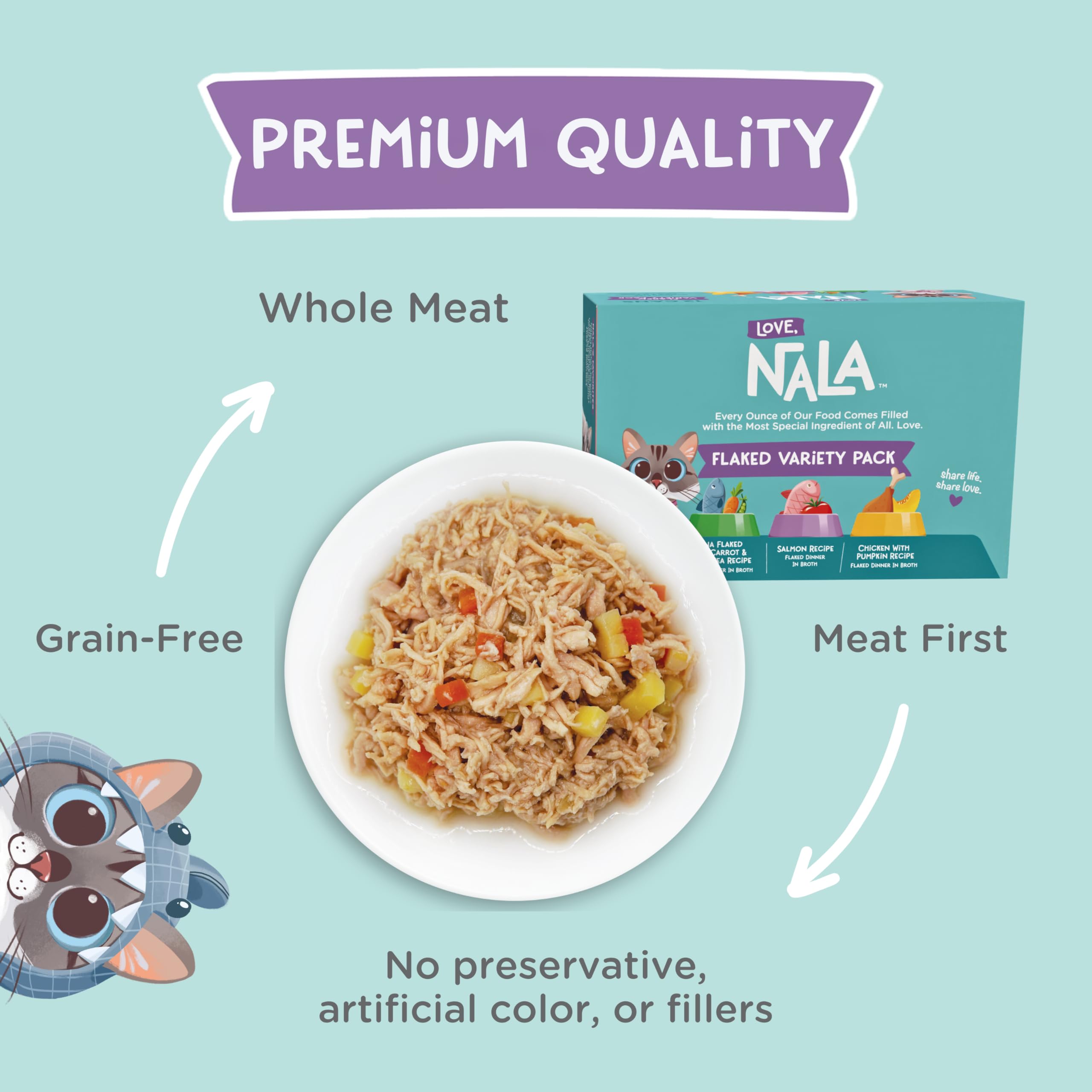 LOVE, NALA omega-3 y minerales: nutrición diaria para piel y pelaje.