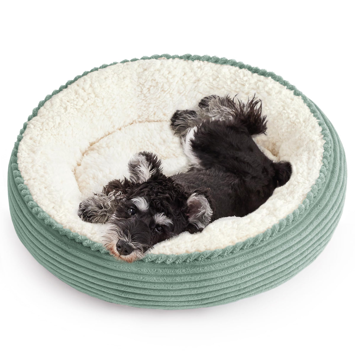 Love's cabin cama-donut-rayas-verde-manzana ofrece descanso suave y cómodo para tu mascota.