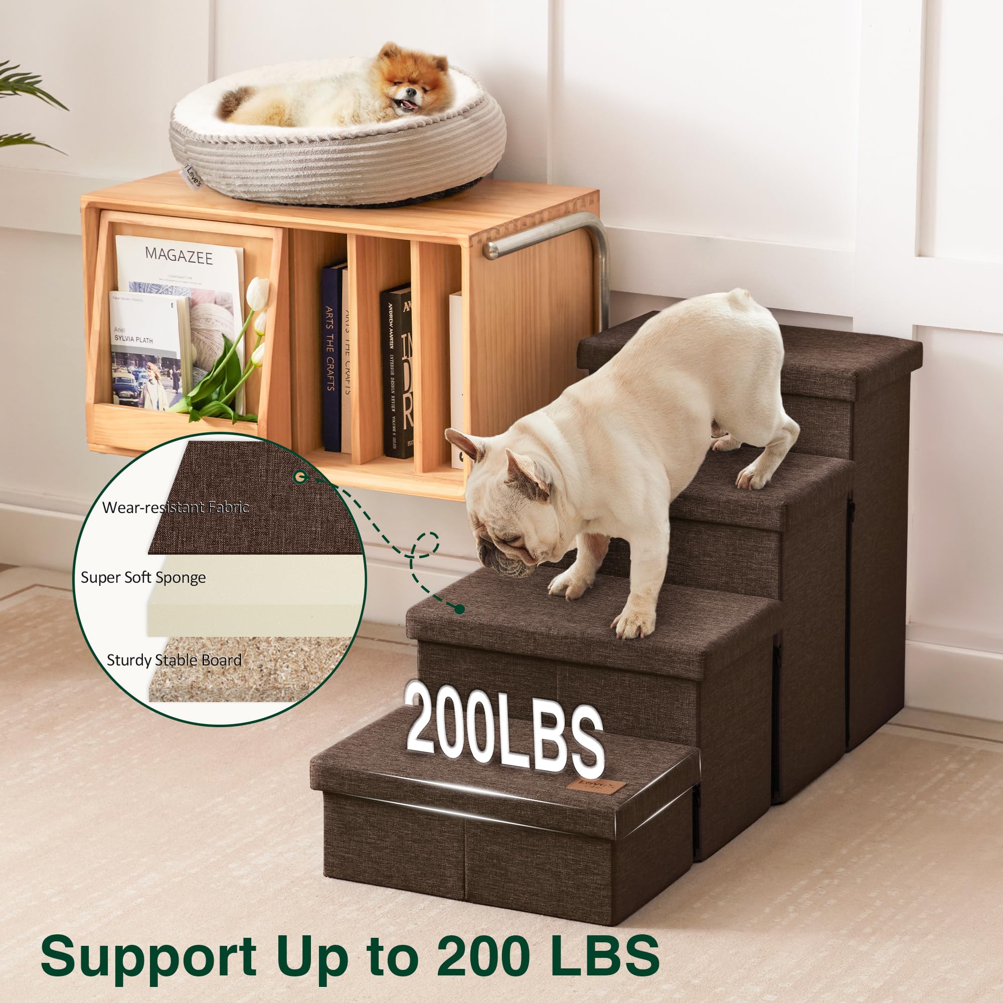 Love's cabin escalones para perros duraderos en tejido, espuma y MDF para mayor confort.