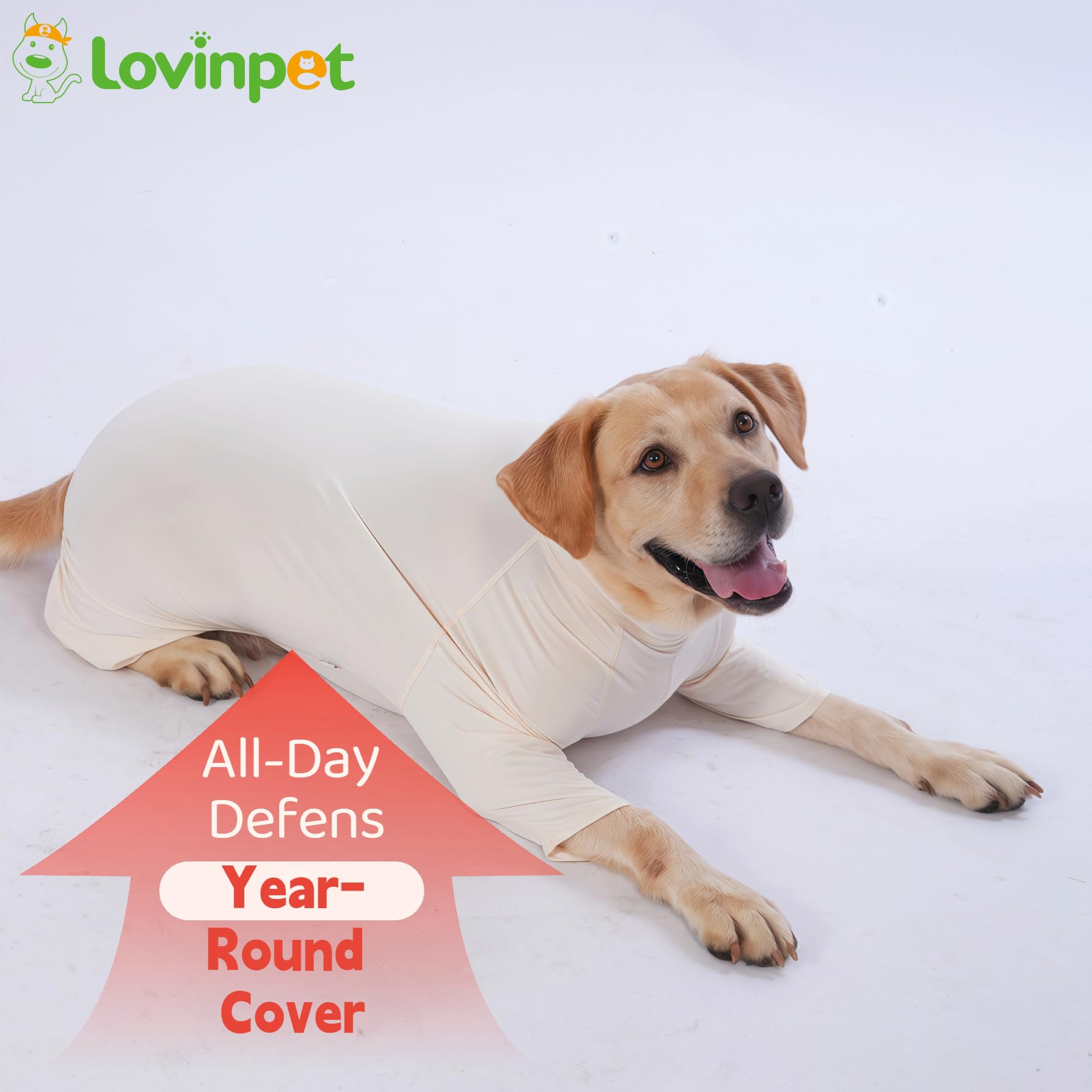 LovinPet UPF50 guía de tallas de pecho y largo para ajuste cómodo.