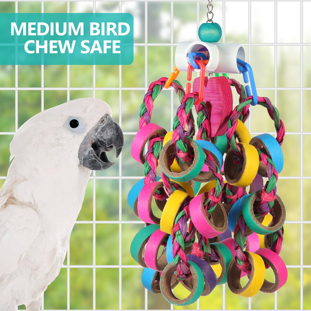 lovyocoCoCo: juguete de aves con bagel masticable para exploración y entretenimiento.