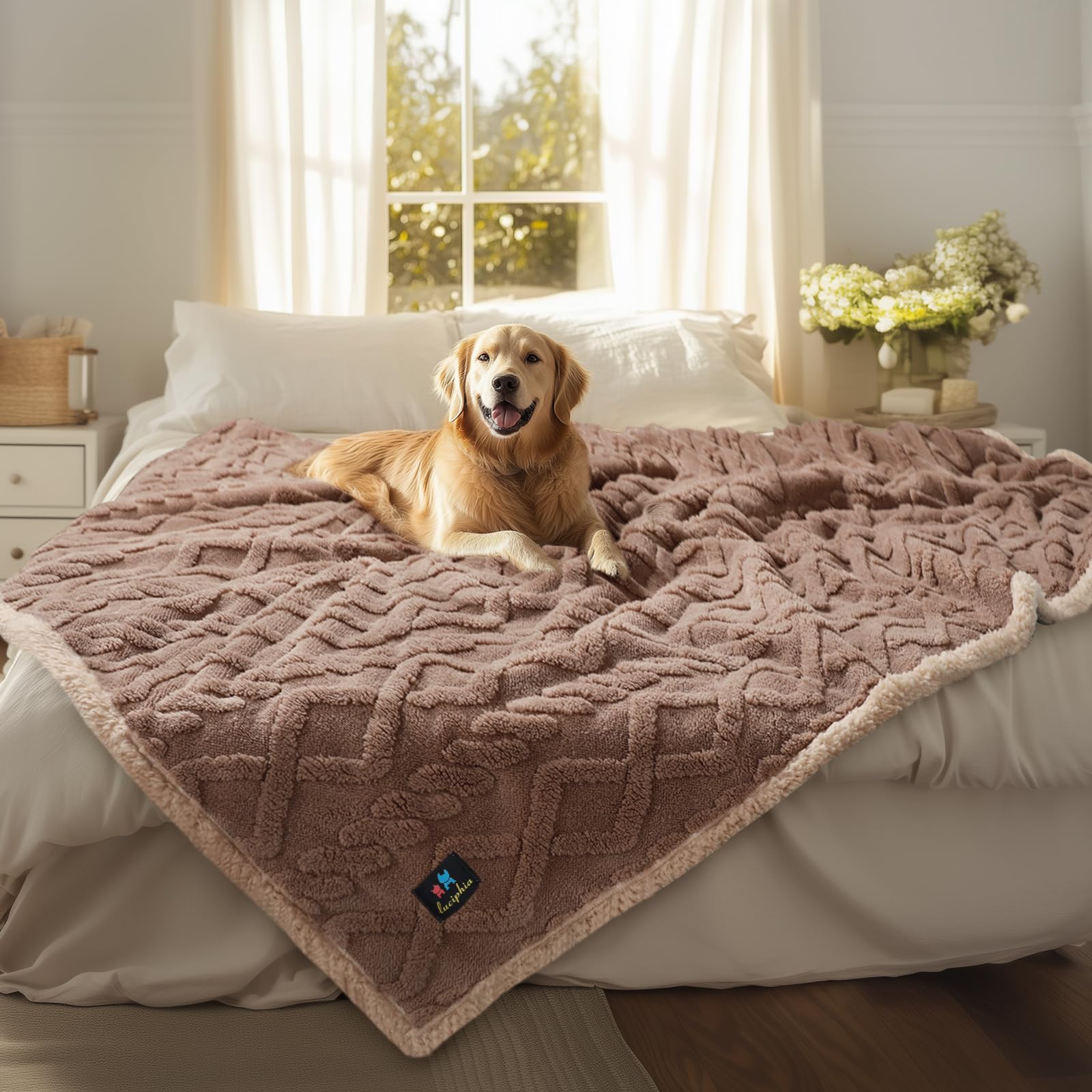 Manta impermeable Luciphia para mascotas sobre sofá, protege el mueble.