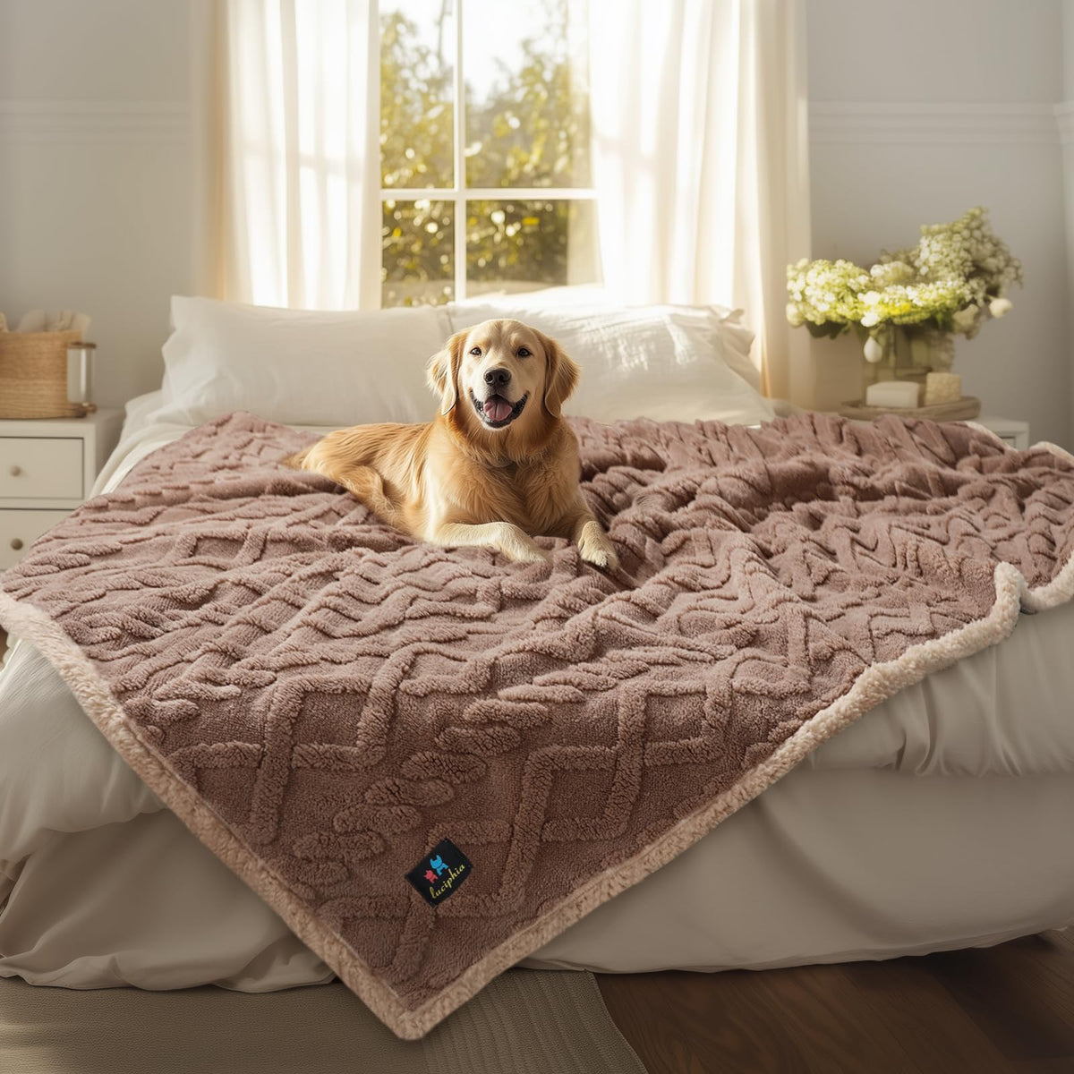 Manta impermeable Luciphia para mascotas sobre sofá, protege el mueble.