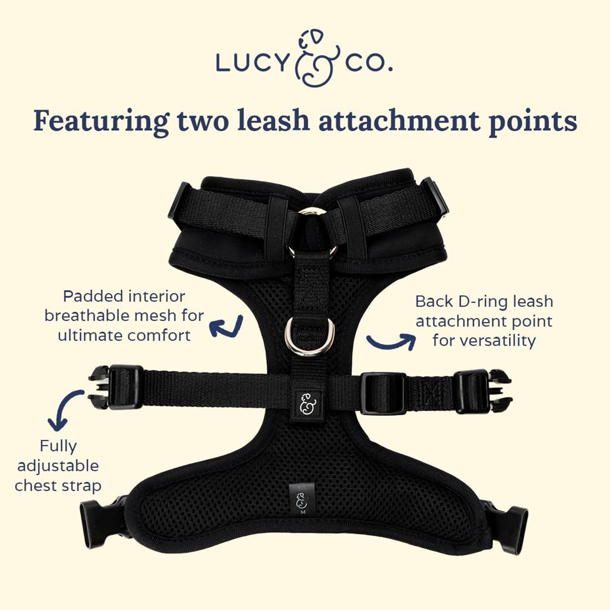 Lucy & Co. arnés neopreno ajustable para cuello y pecho personalizados.