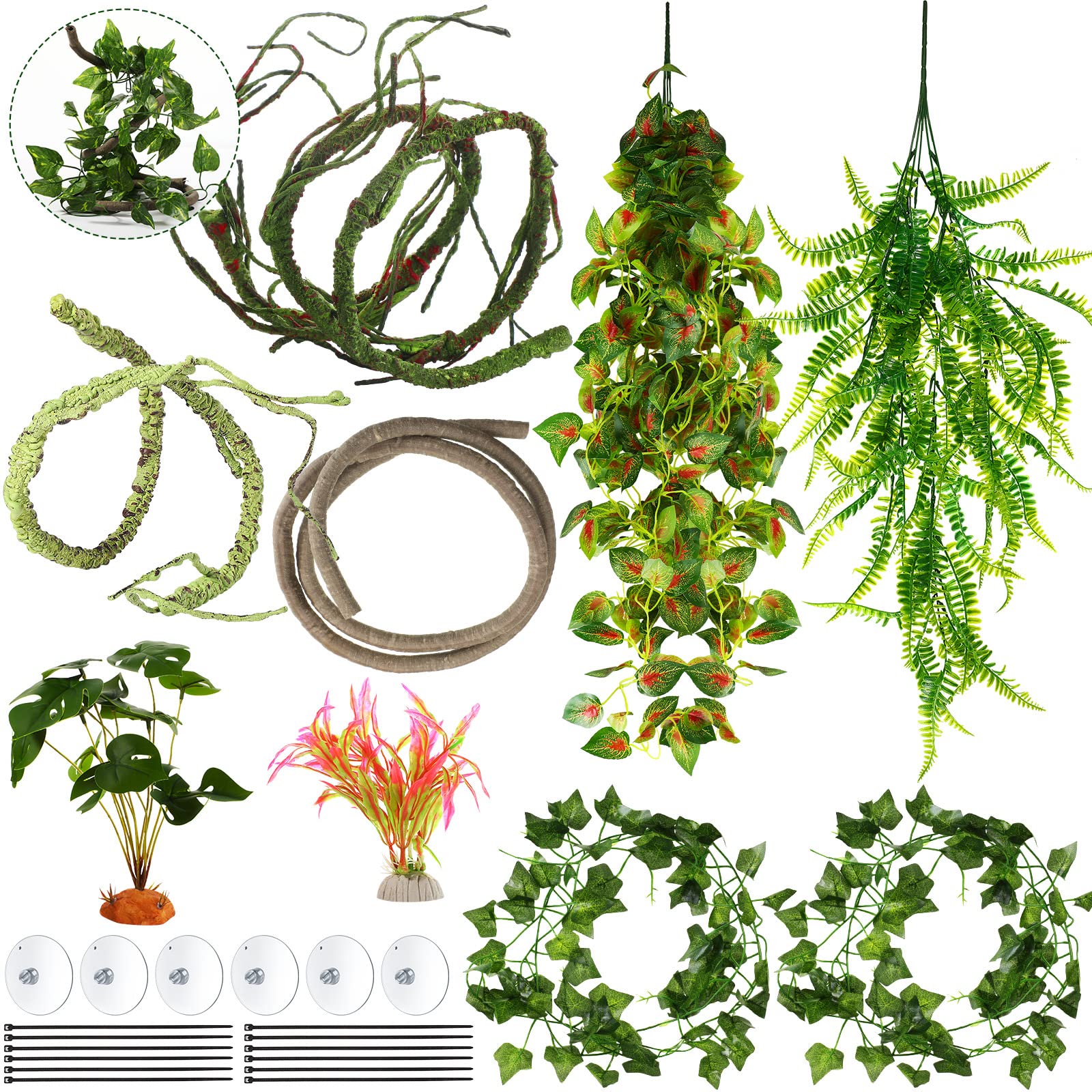 LuinaBio lianas jungla para reptiles, 9 piezas para trepar y esconderse