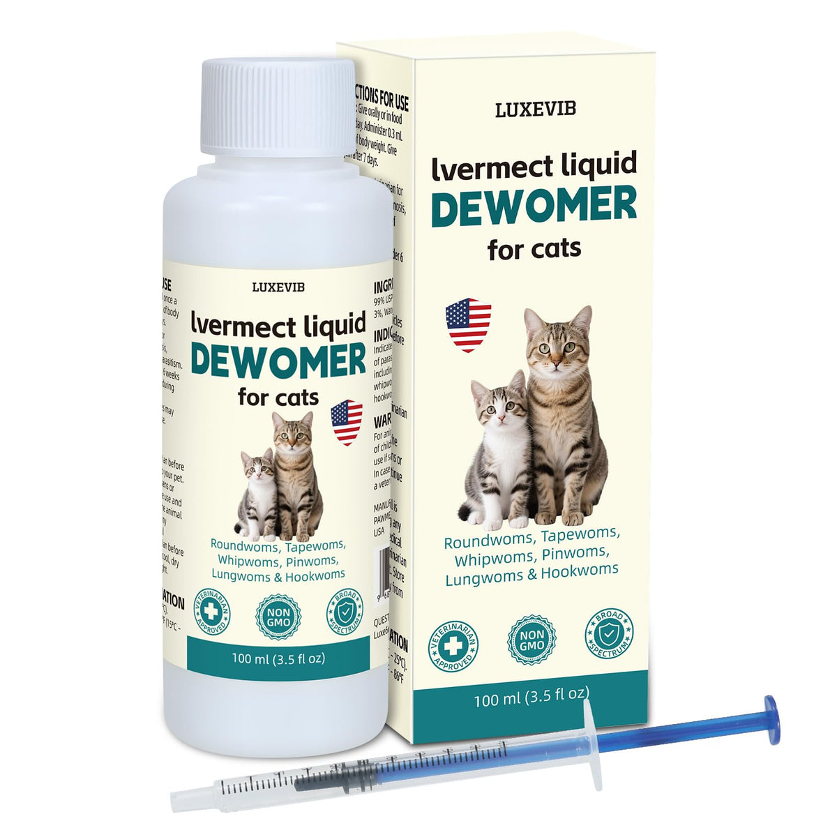 LuxeVib Desparasitante para gatos, botella vertiendo, apoyo digestivo suave