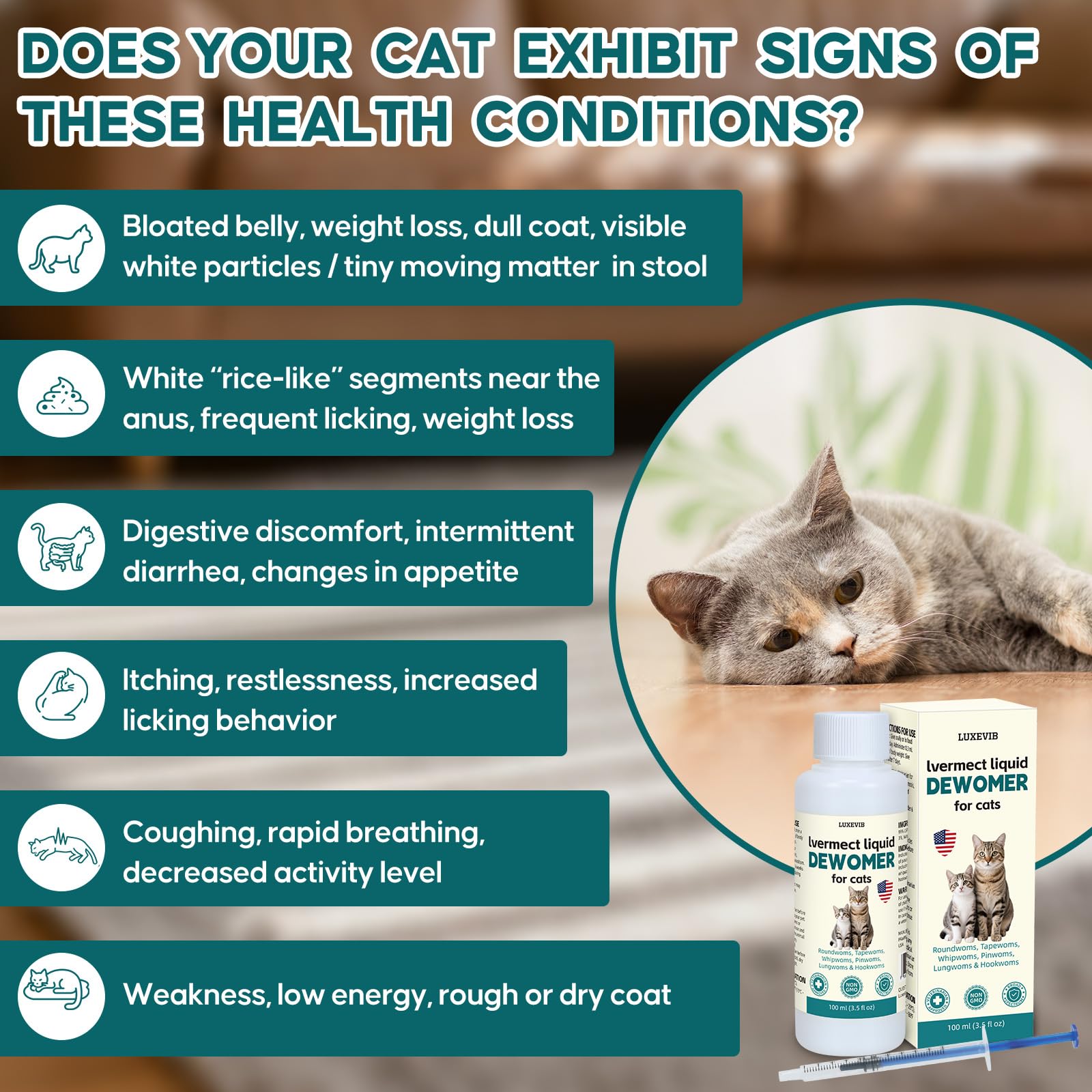 LuxeVib Desparasitante para gatos, dosificador claro para dosis seguras