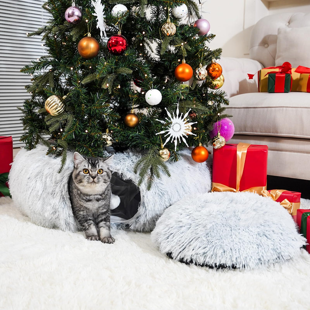 LVUVXVAV túnel-cama para gatos con falda navideña, decoración festiva y distracción segura.
