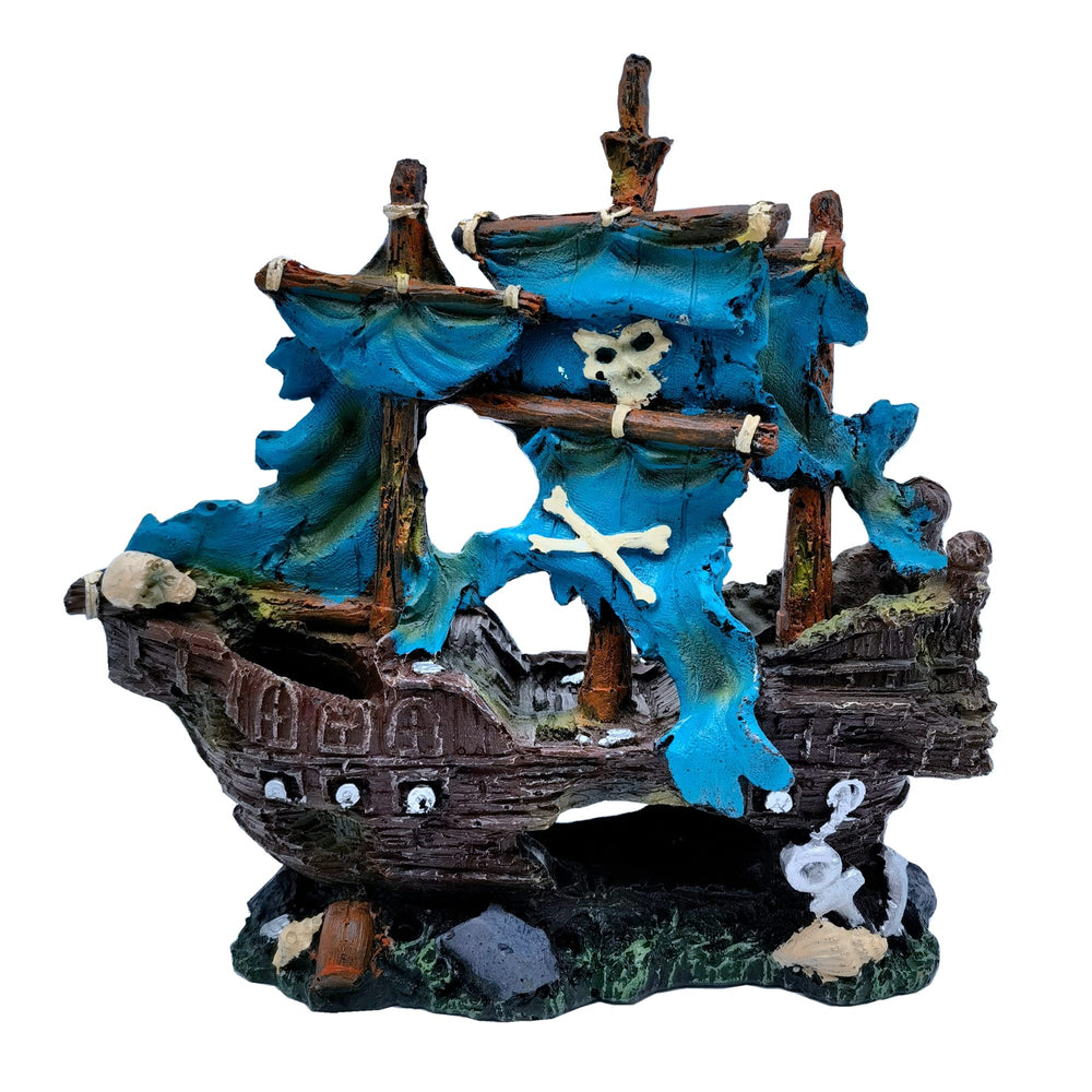 M2cbridge Barco pirata azul en acuario, decoración llamativa y refugio submarino