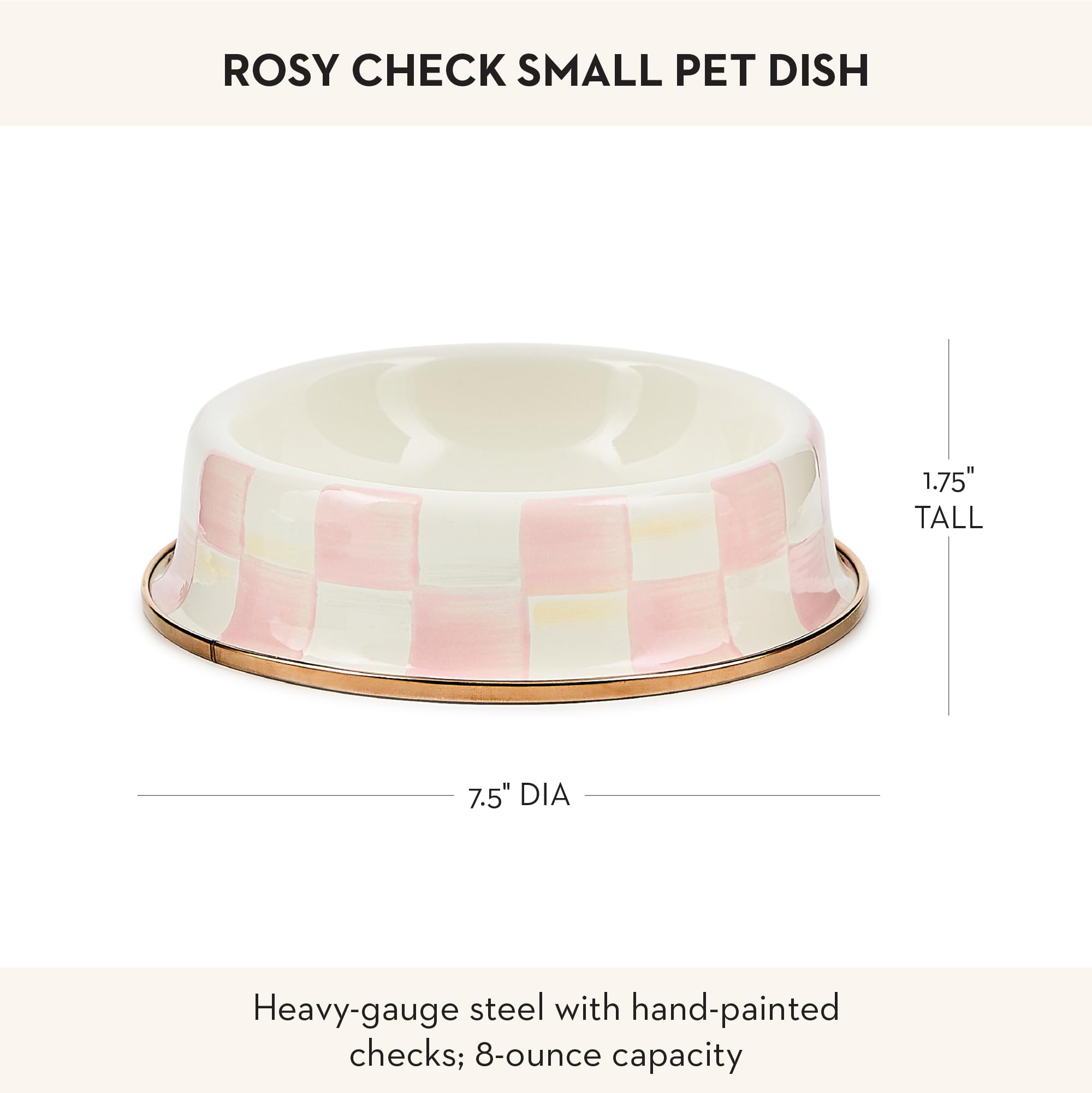 Cuenco esmaltado Mackenzie-Childs para mascotas Rosy Check, resistente.