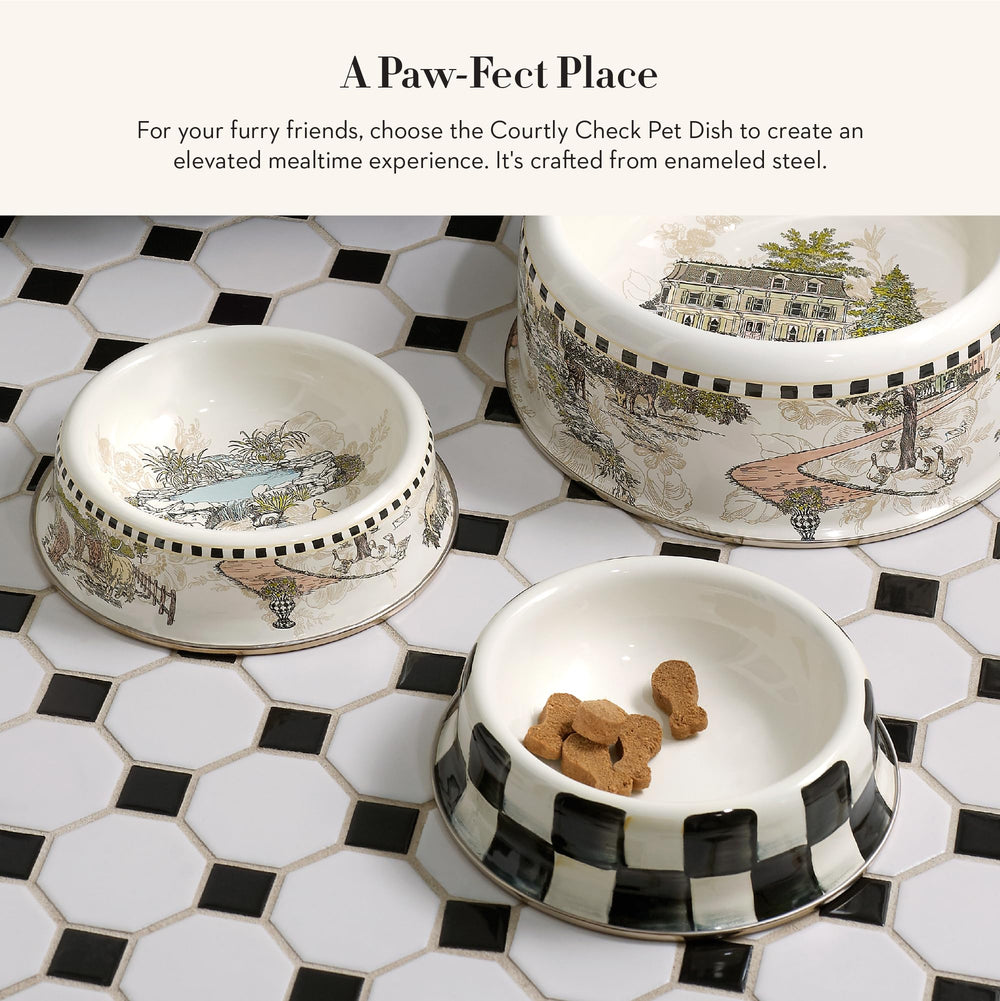 Plato para mascotas Mackenzie-Childs en colores negro y blanco para agua