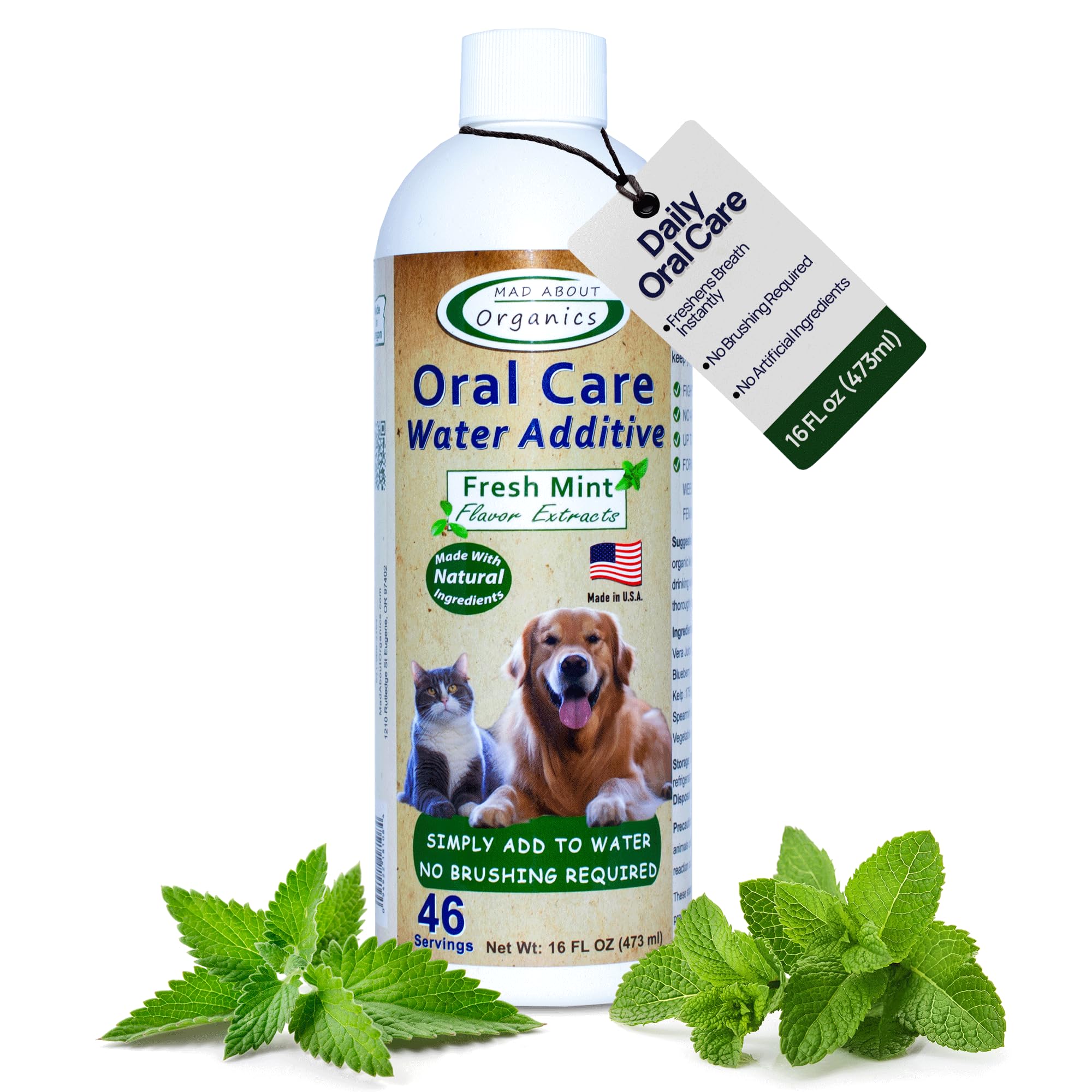 Mad About Organics agua bucal para mascotas, sabor a menta, aliento más fresco.