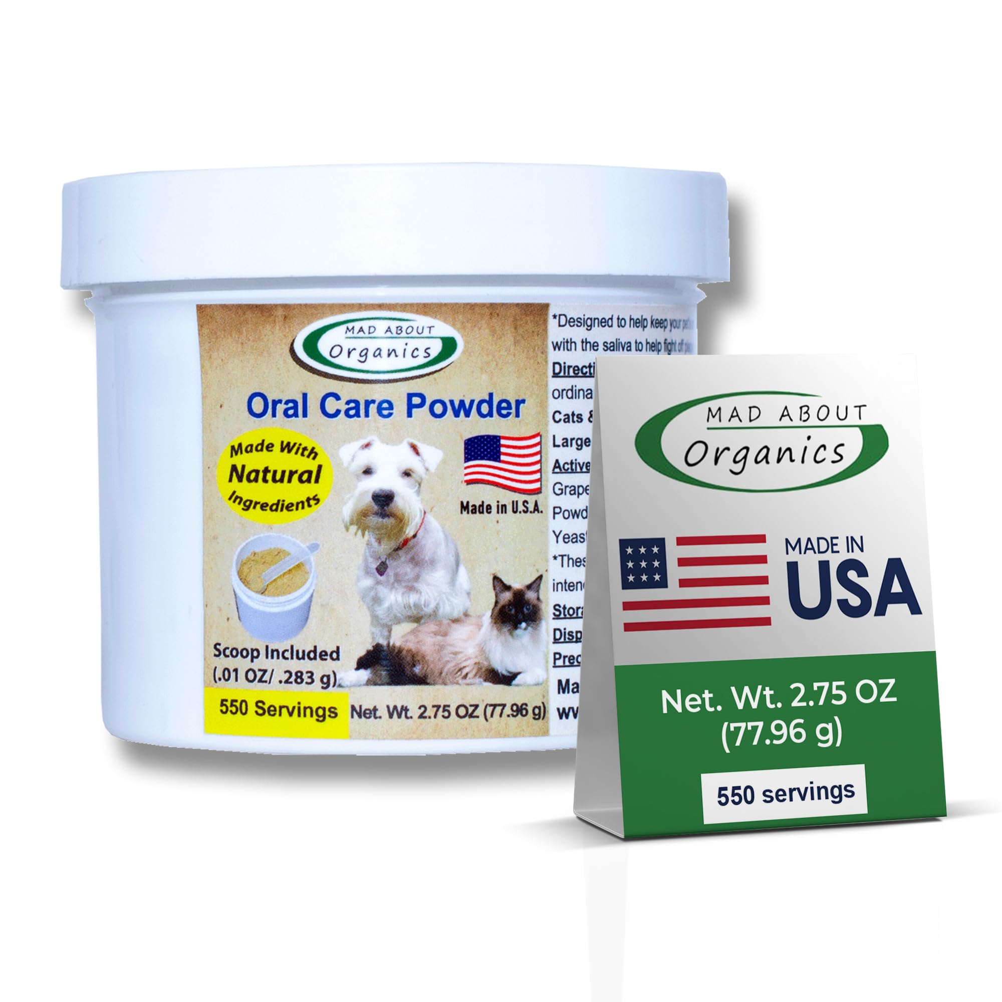 Polvo dental de la marca Mad About Organics para perros y gatos mejora la higiene oral.