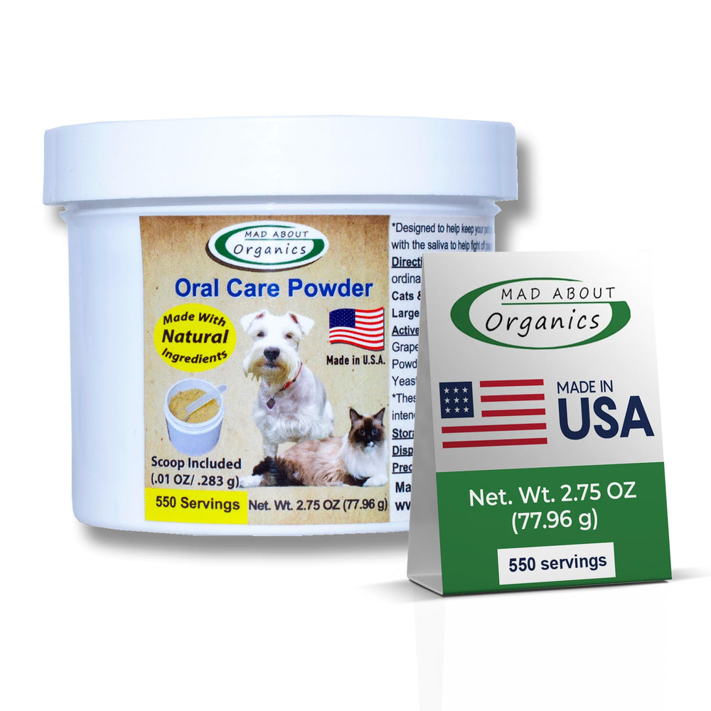 Polvo dental de la marca Mad About Organics para perros y gatos mejora la higiene oral.