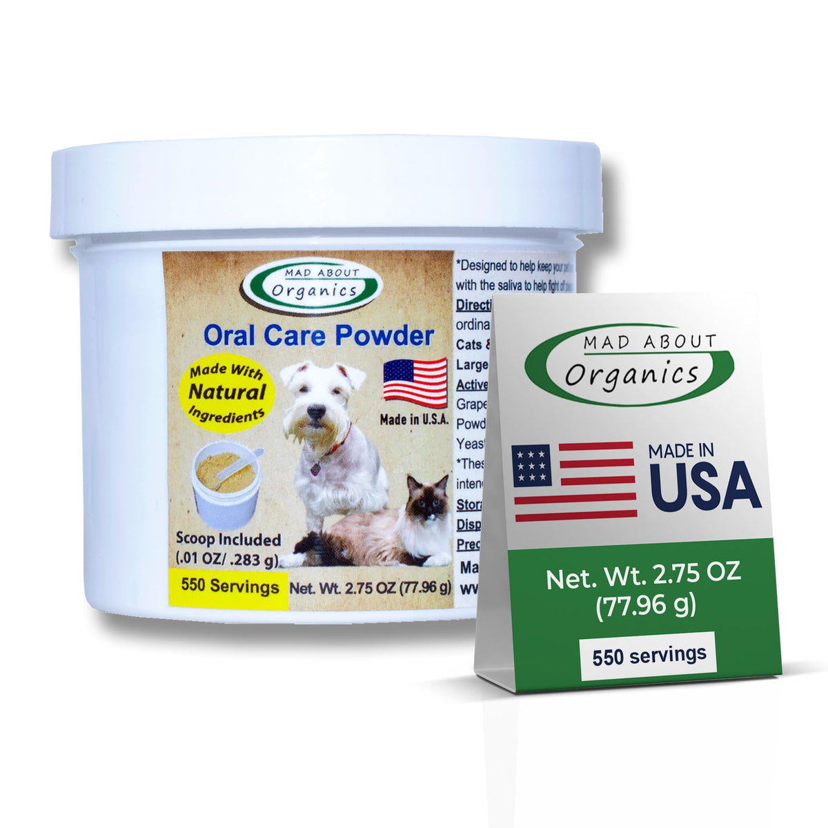 Polvo dental de la marca Mad About Organics para perros y gatos mejora la higiene oral.