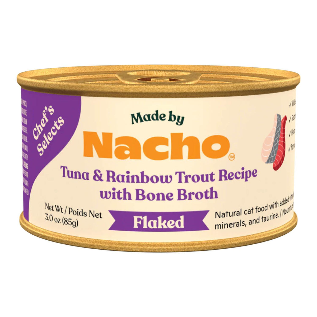 Made by Nacho: filetes en copos con caldo de huesos, textura gourmet para gatos.