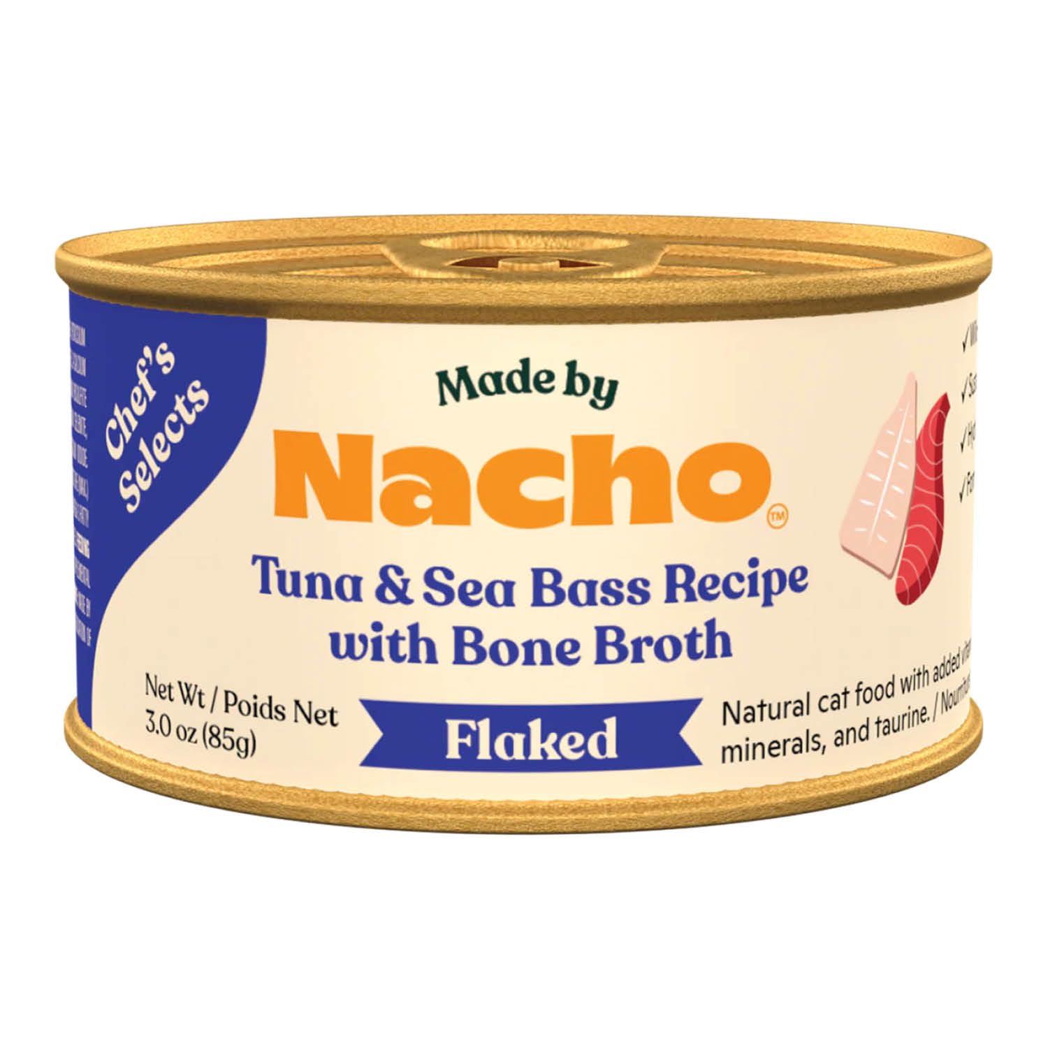 Made by Nacho filetes flakeados en caldo óseo, textura gourmet para gatos.