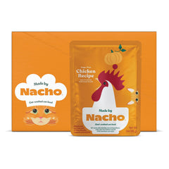 Made by Nacho trozos de pollo criado sin jaula en salsa, ideal para gatos activos.