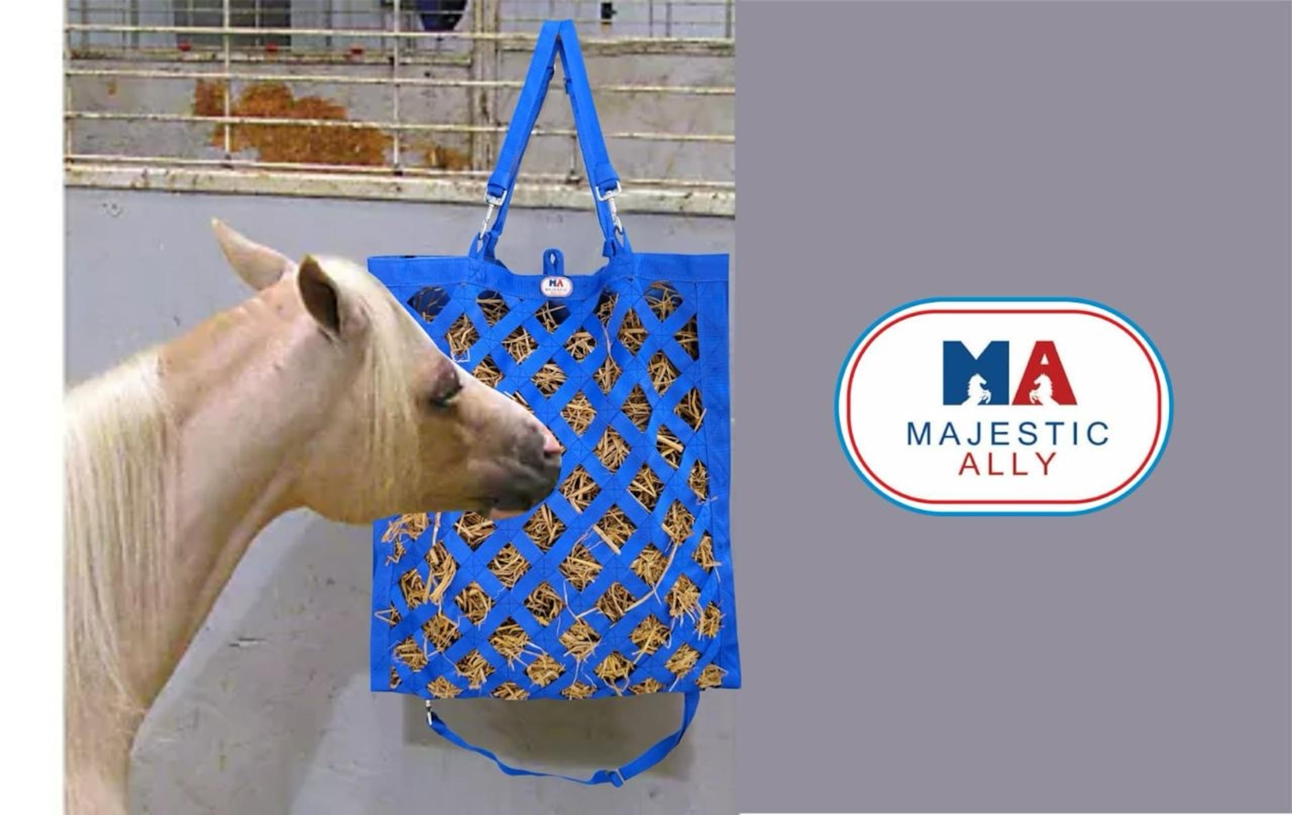 Majestic Ally bolsa de heno de nylon en establo, uso práctico diario