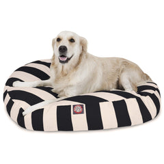 Cama Majestic Pet para perro, redonda grande con rayas verticales negras para uso interior y exterior.