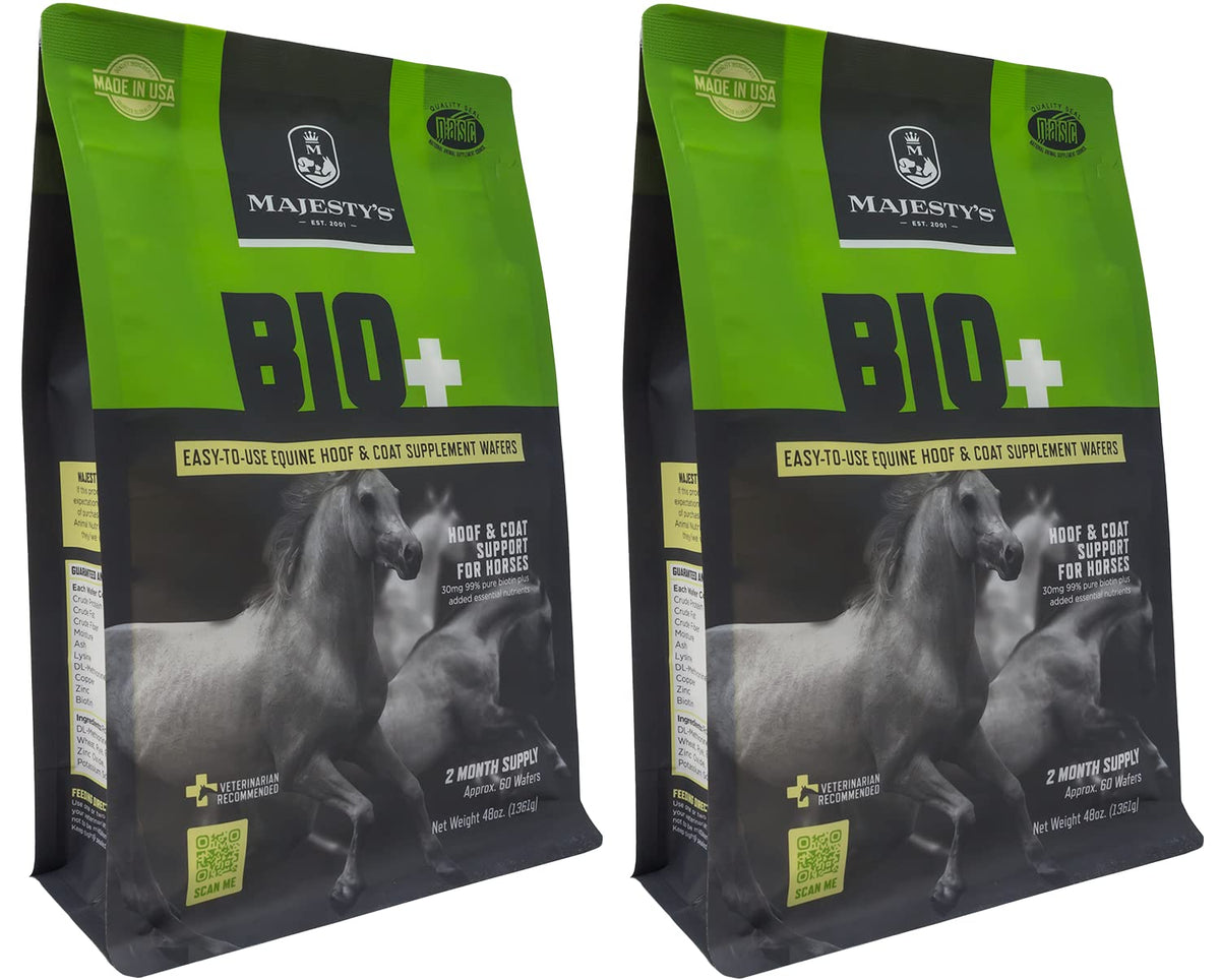 Majesty's galletas de biotina: empaque doble para conveniencia diaria del caballo.