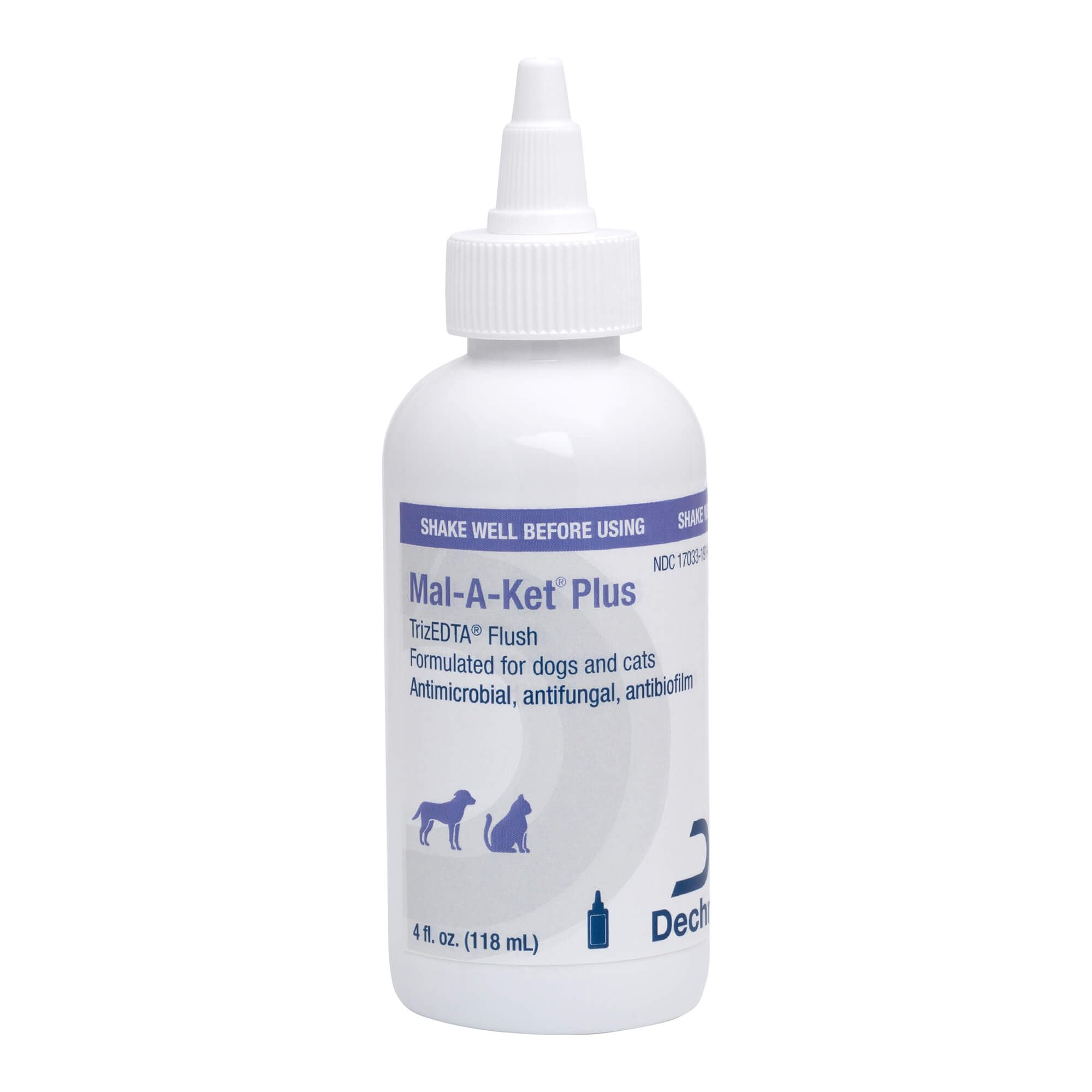Mal-A-Ket Plus TrizEDTA Flush, botella 4oz para oídos de mascotas.