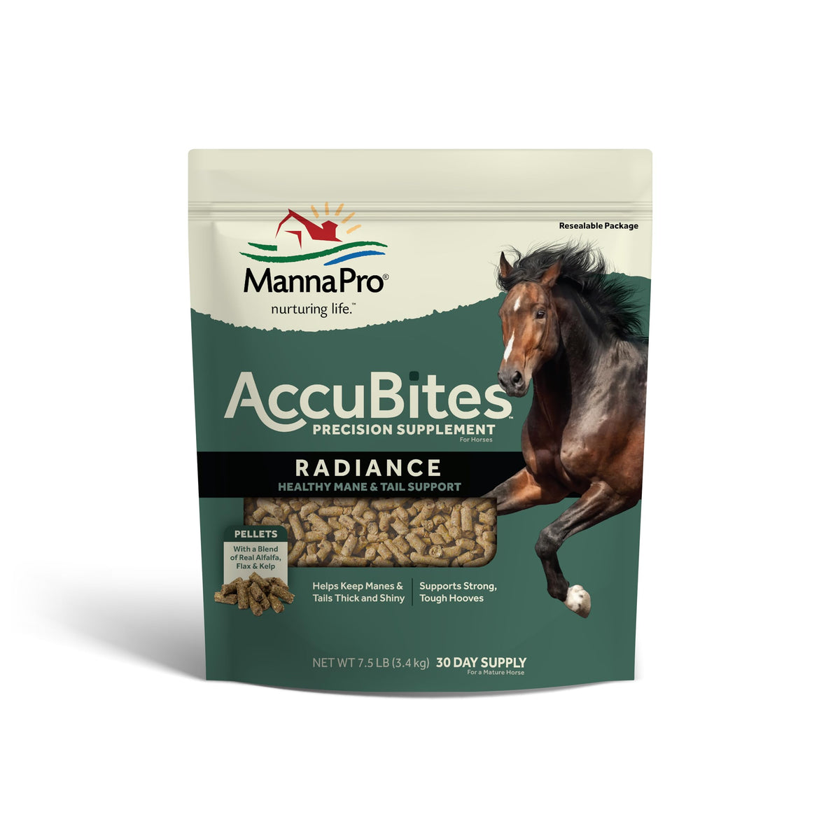 Manna Pro AccuBites Radiance: bote visible para confirmar la ingesta diaria.