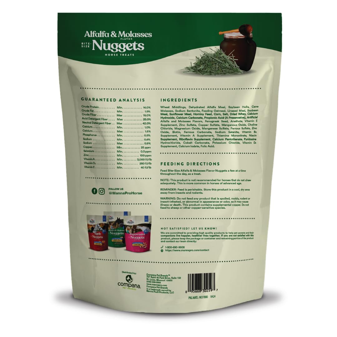 Manna Pro Bite-Size Nuggets apoyo nutricional equino para uso diario.
