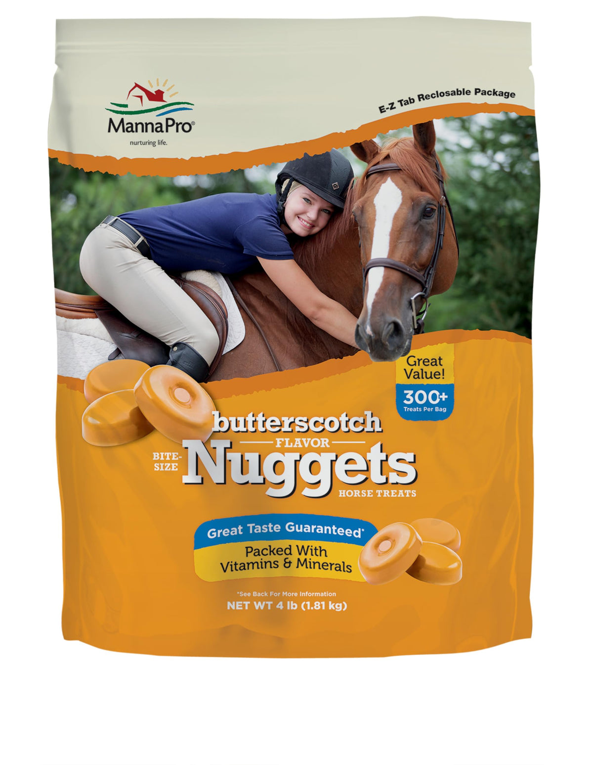 Manna Pro Bite-Size Nuggets sabor butterscotch para entrenamiento suave y refuerzo positivo.