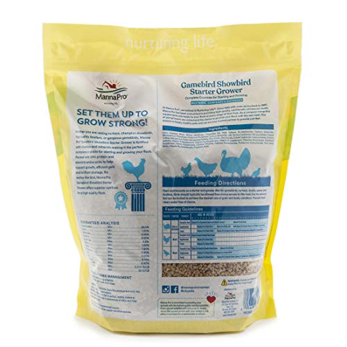 Textura fina de Manna Pro Gamebird Showbird Crumbles para consumo fácil.