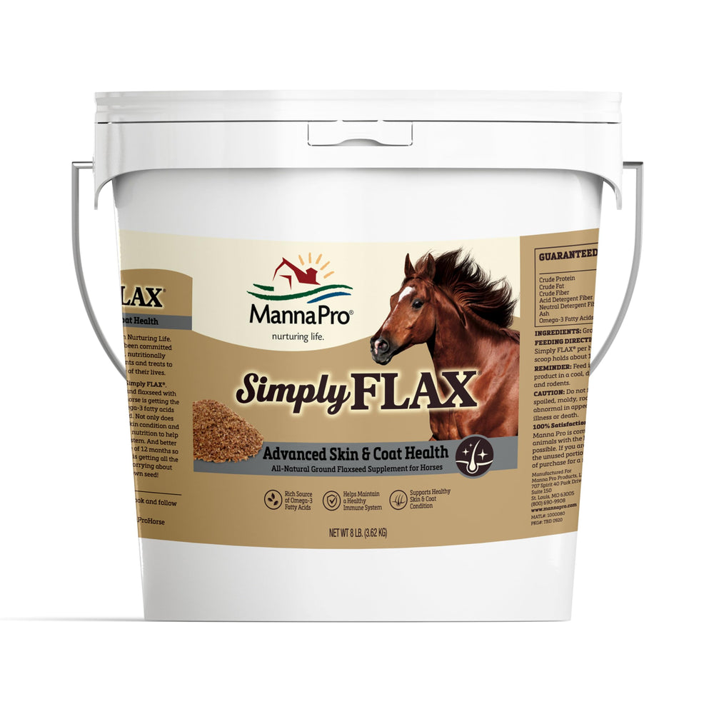 Manna Pro Linaza molida, fuente de omega-3 para pelaje brillante del caballo.