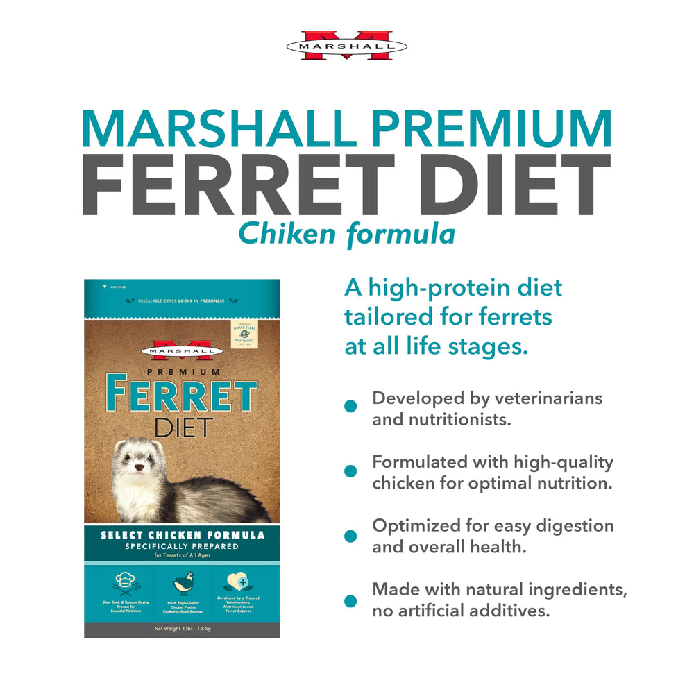 Marshall Pet Products Selección Fórmula Pollo Dieta Premium para hurones, gránulos visibles