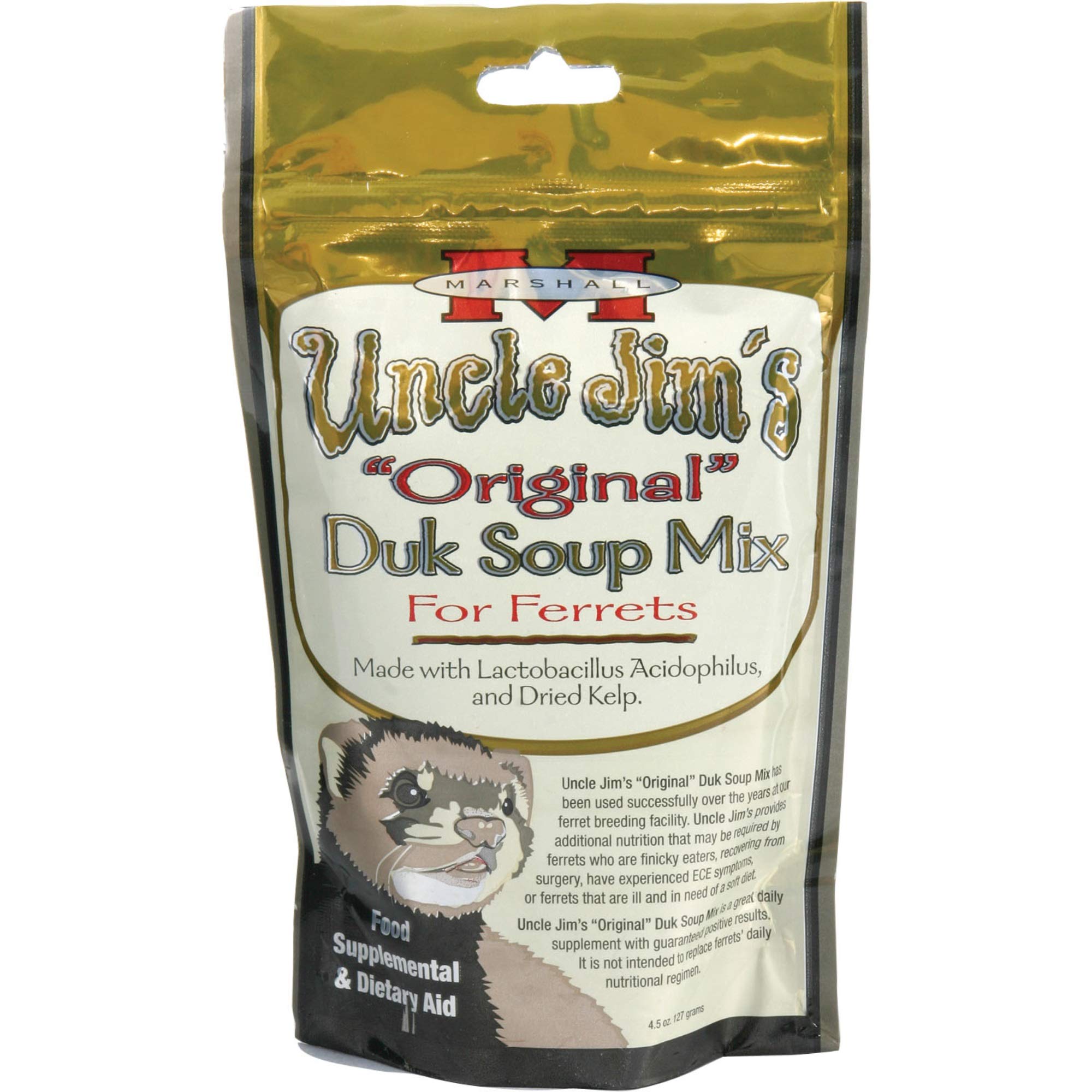 Marshall Uncle Jim’s Duk Sopa para hurones: apoyo digestivo suave y fácil de preparar.