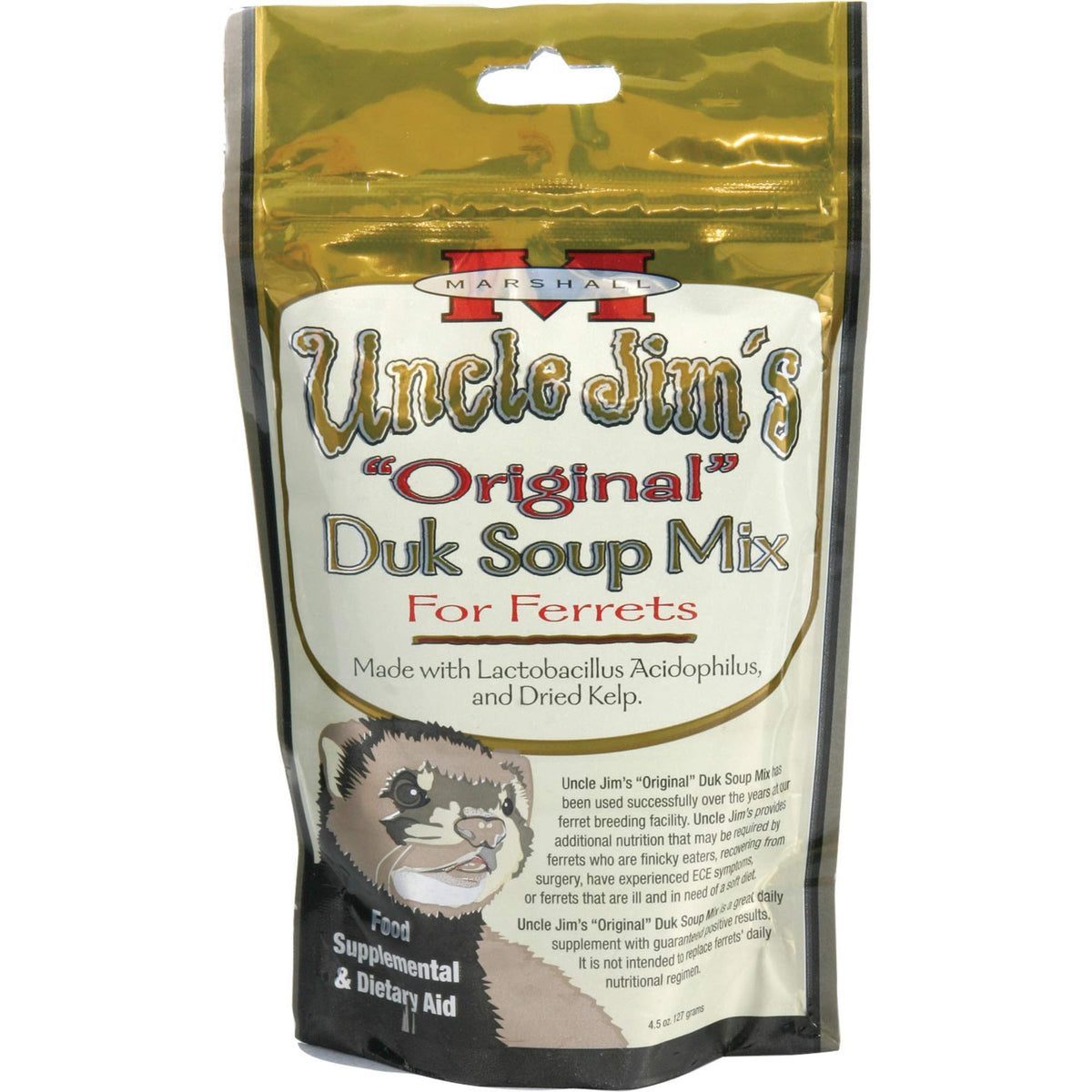 Marshall Uncle Jim’s Duk Sopa para hurones: apoyo digestivo suave y fácil de preparar.