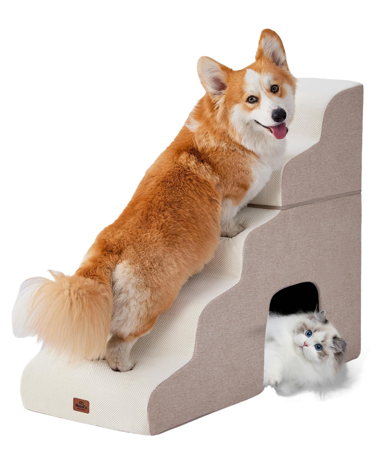 Massfu escalera para perros curva junto a cama alta, comodidad al subir.