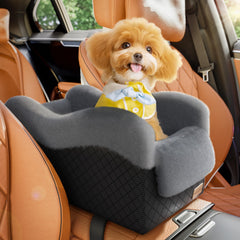 Asiento para perro pequeño de Mavora Max en consola central, comodidad cercana durante el viaje.