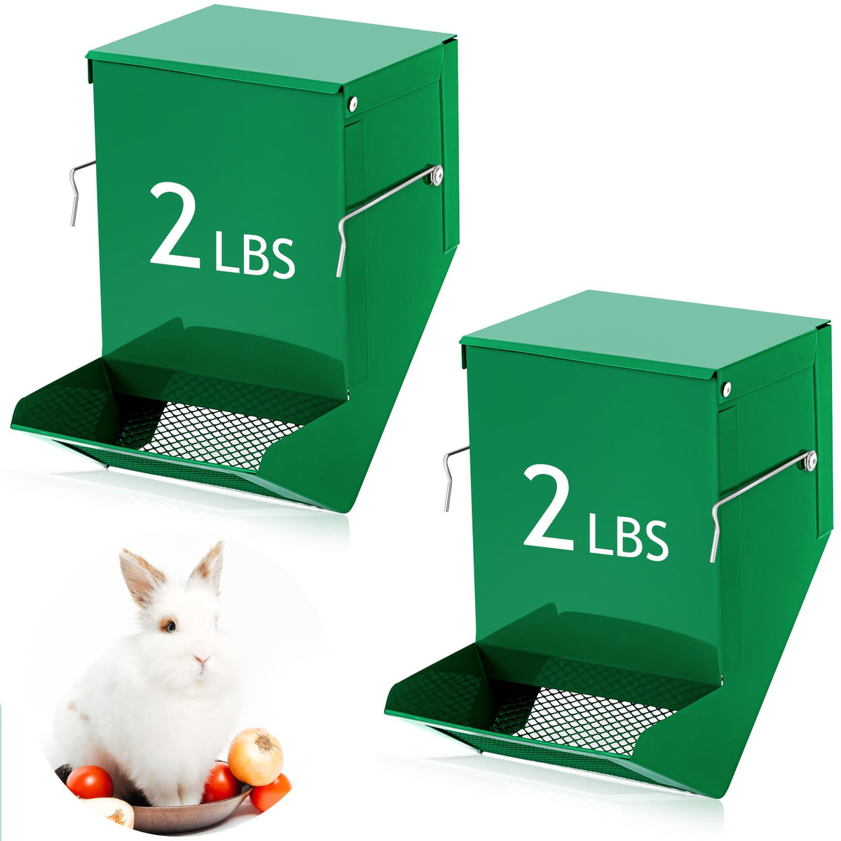 Maxcheck dos comederos para conejos con tapa de metal, alimento protegido y seco.