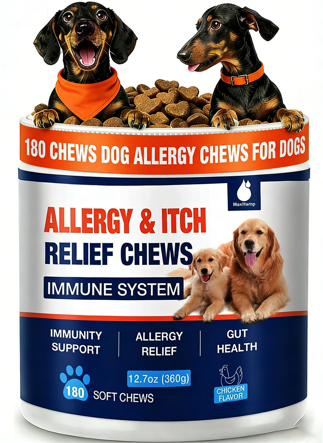 MaxHemp 180 Chews para perros, envase visible, apoyo potencial para alergias y picor