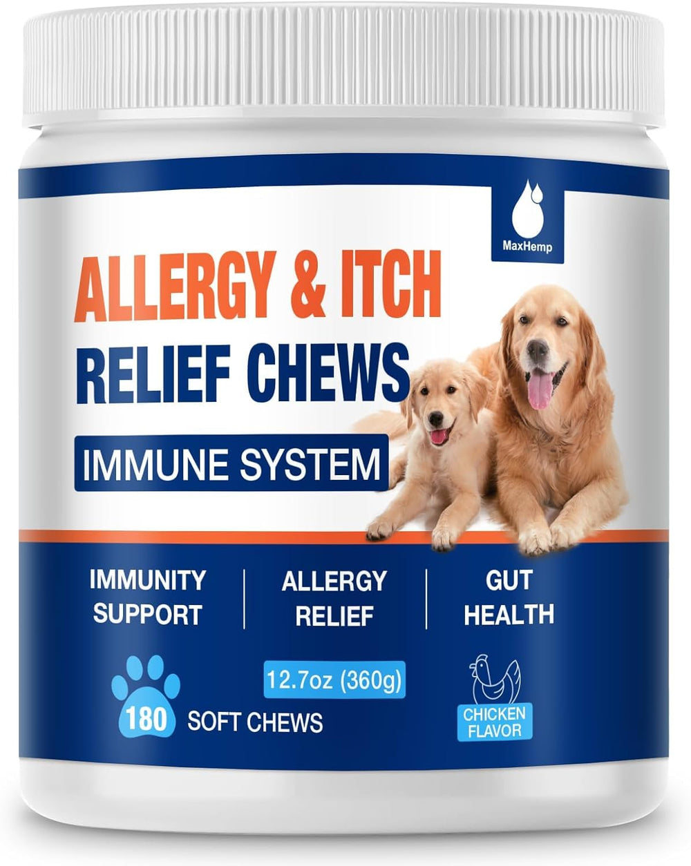MaxHemp masticables para alergias de perro en envase práctico para la rutina diaria.