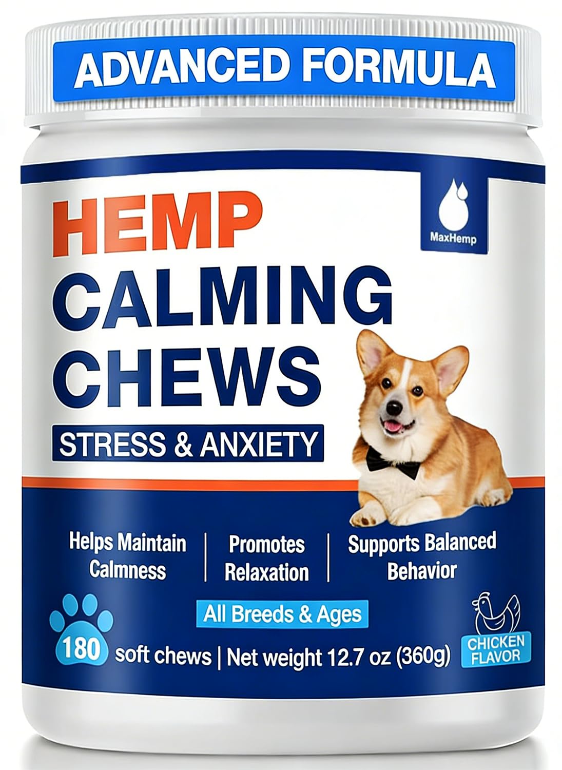 MaxHemp Masticables Calmantes para perros: botella con masticables relajantes para el estrés diario.