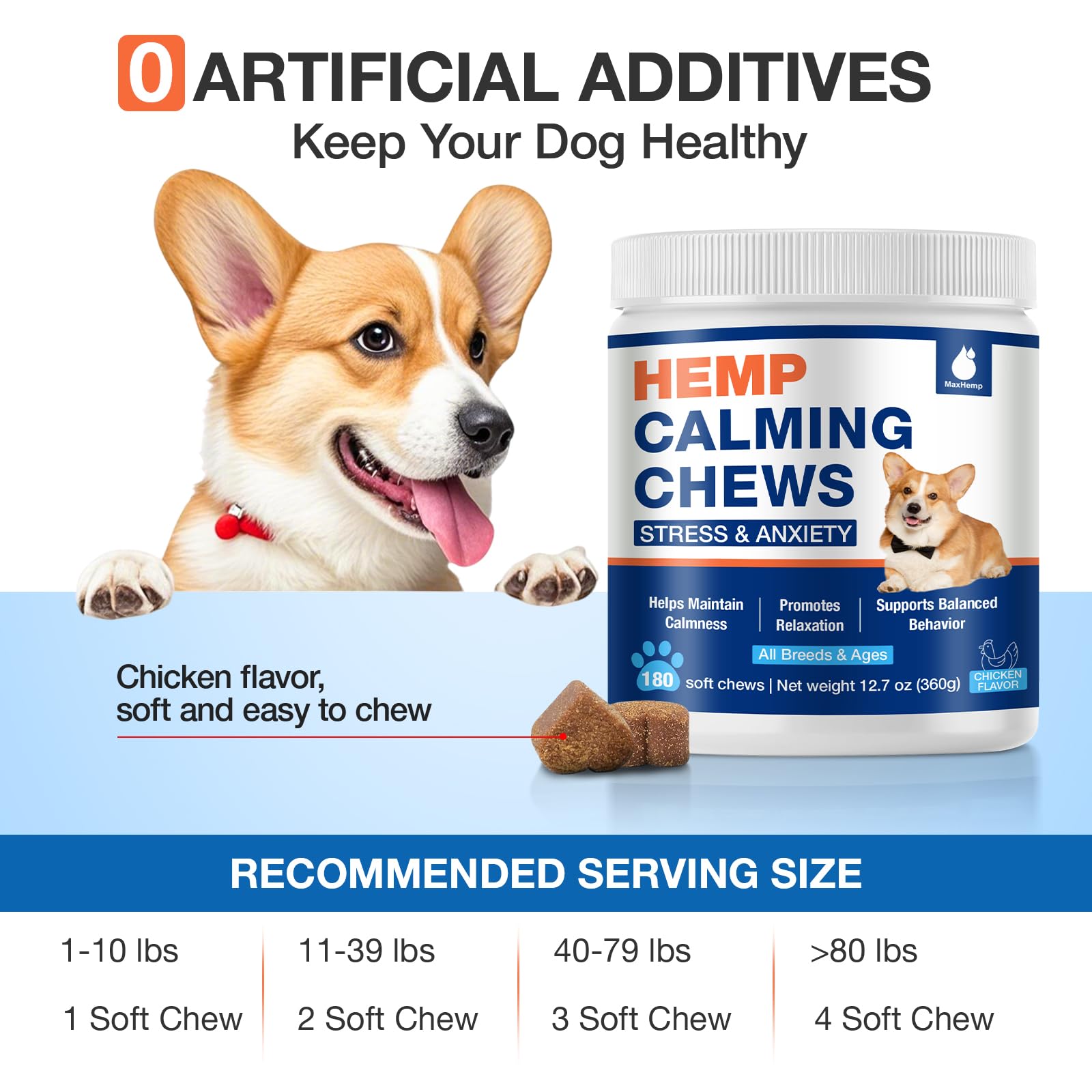 MaxHemp Masticables Calmantes para perros: ingredientes naturales como pasiflora y manzanilla.